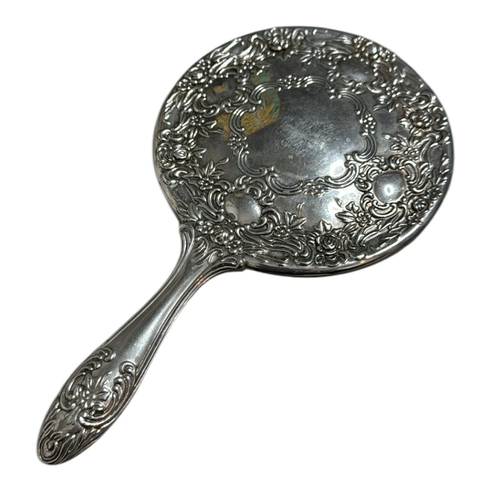 VINTAGE VICTORIAN FLORAL SILVER PLATED VANITY HAND MIRROR
